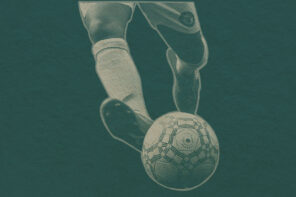 soccer ball being kicked on teal bg