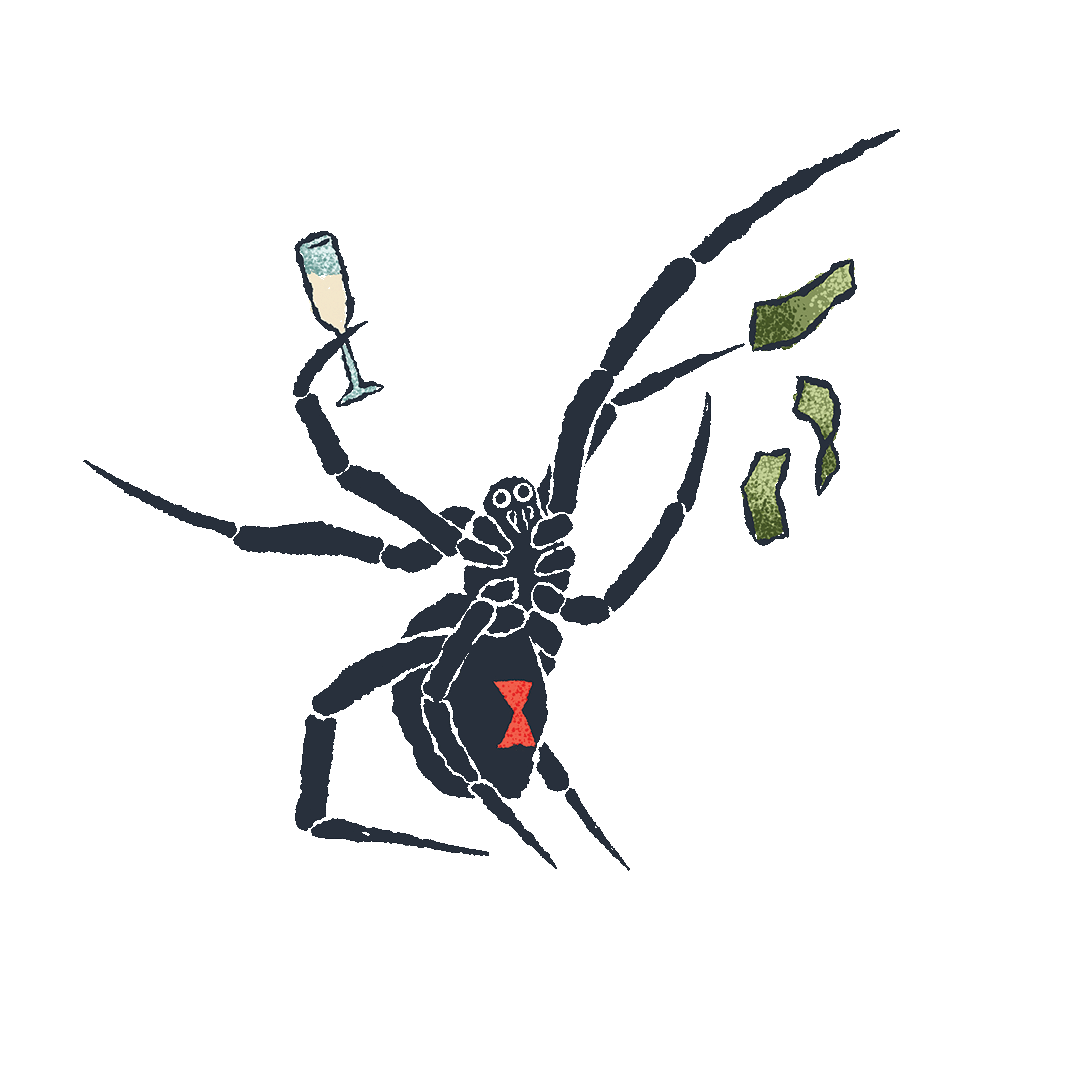 Illustration of a black widow spider holding a glass of champagne in one front leg and throwing money with the other leg. The belly of the spider has two red triangles touching points in the middle like an hourglass shape.
