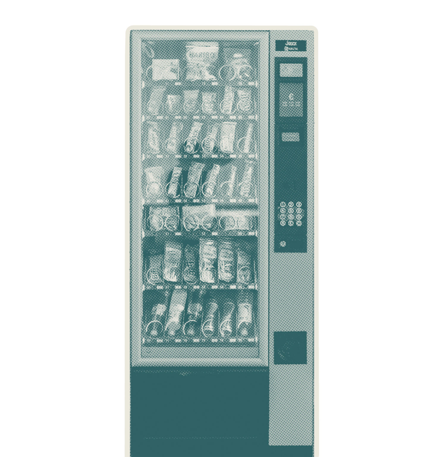 Cutout of a classic-style vending machine holding various candy bars and snacks. It is overlayed in a light aqua blue coloring 