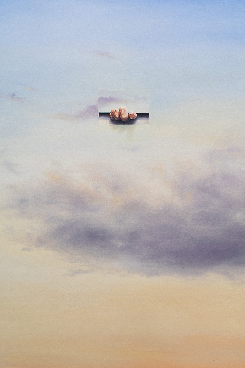 A photo of Jeremy Shockley's oil on canvas painting entitled "Creep." The painting depicts a sky that fades from pale blue to pale yellow with a light gray, wispy cloud in he middle. Above the cloud, in the upper half of the painting, it appears as if a hand has slid up a small rectangular compartment of the canvas from behind the wall. The middle three fingers of the person's hand are just visible.