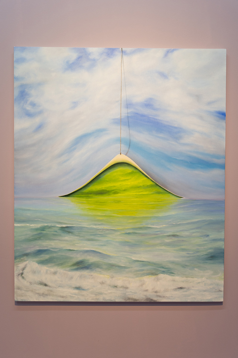 A photo of Jeremy Shockley's oil on canvas painting entitled "Why Don't We Go." The painting depicts a light blue, cloud riddled sky with a light green wavy ocean below. On the barely visible horizon line, it appears as if a fishing line has come down from the top of the painting to pull up the sky like a curtain, exposing a sliver of bright lime green sky behind. 