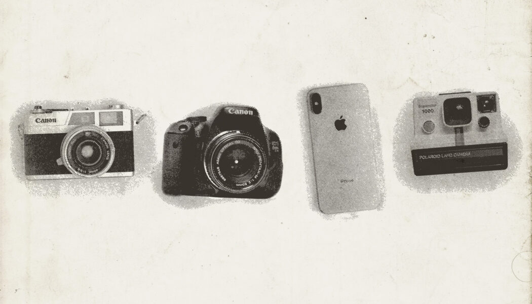 Cutout images of a film camera, digital camera, iPhone, and polaroid. They all have a photo effect on them to make each a black and cream color and a textured shadow background. The cameras are all in a line on a cream-colored solid background.