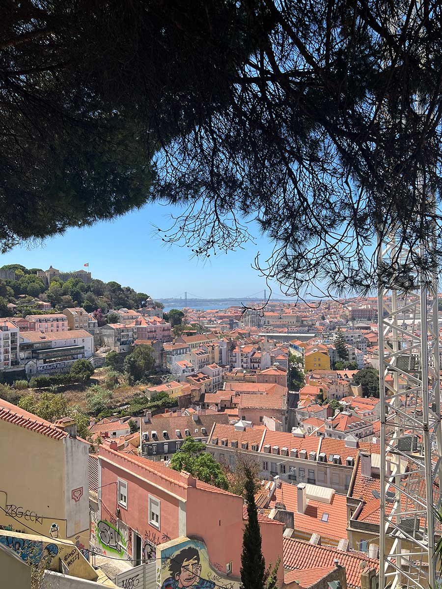 Photo taken from above of a view of the city of Lisbon from Miradouro de Santa Luzia. The roofs of the buildings are close together and are a terracotta orange. The blue water go the ocean is just visible in the background.