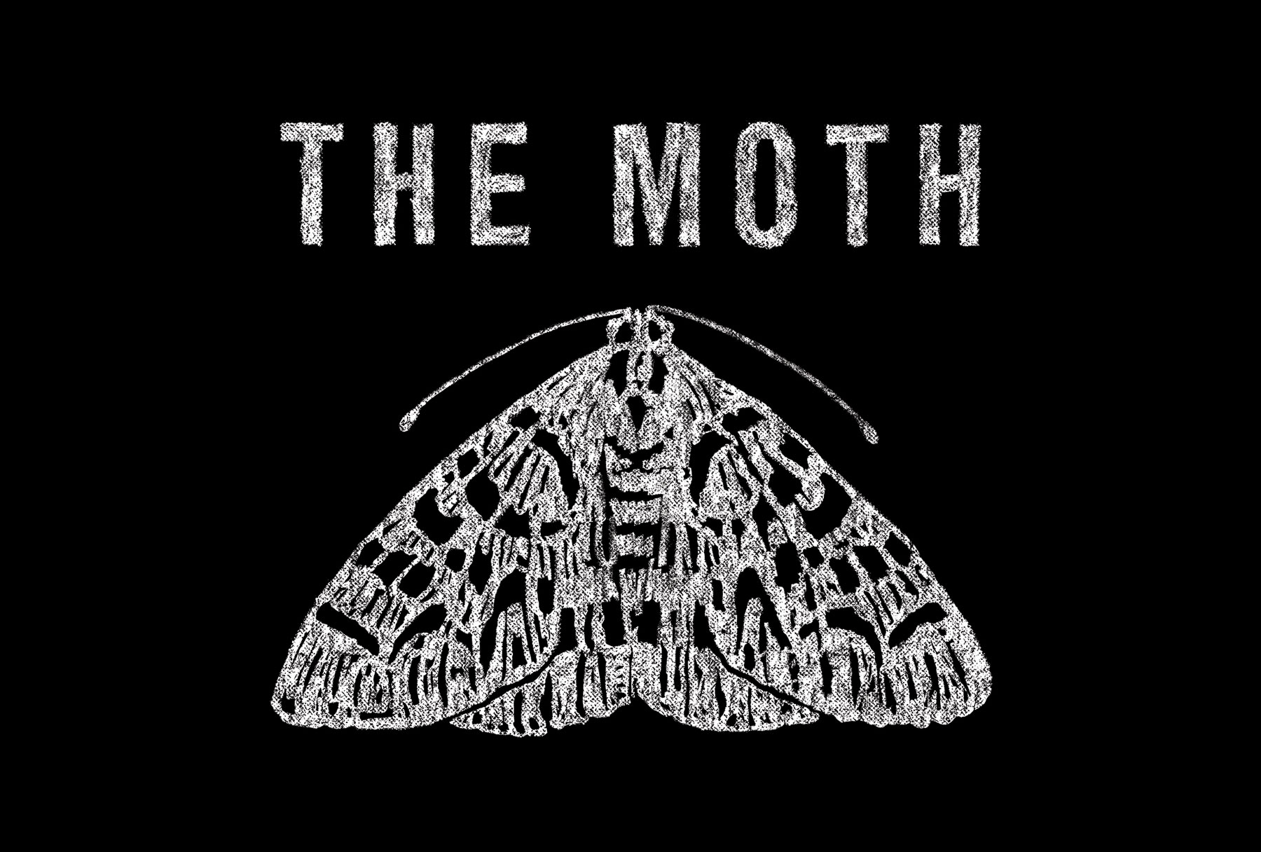 The Moth logo in white all capital letters against a black background. "The Moth" is centered above a sketch of a moth with its wings spread out. 