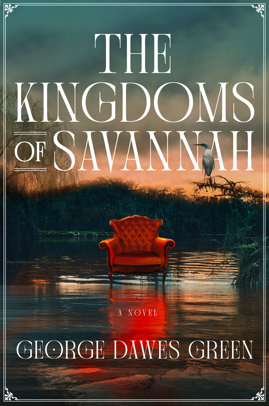 Front book cover of "The Kingdoms of Savannah" by George Dawes Green. The white font is in all capital letter. At the center of the image is a bright red velvet armchair sitting in the water of an eerie, dark swamp with storm clouds overhead as the sun sets.