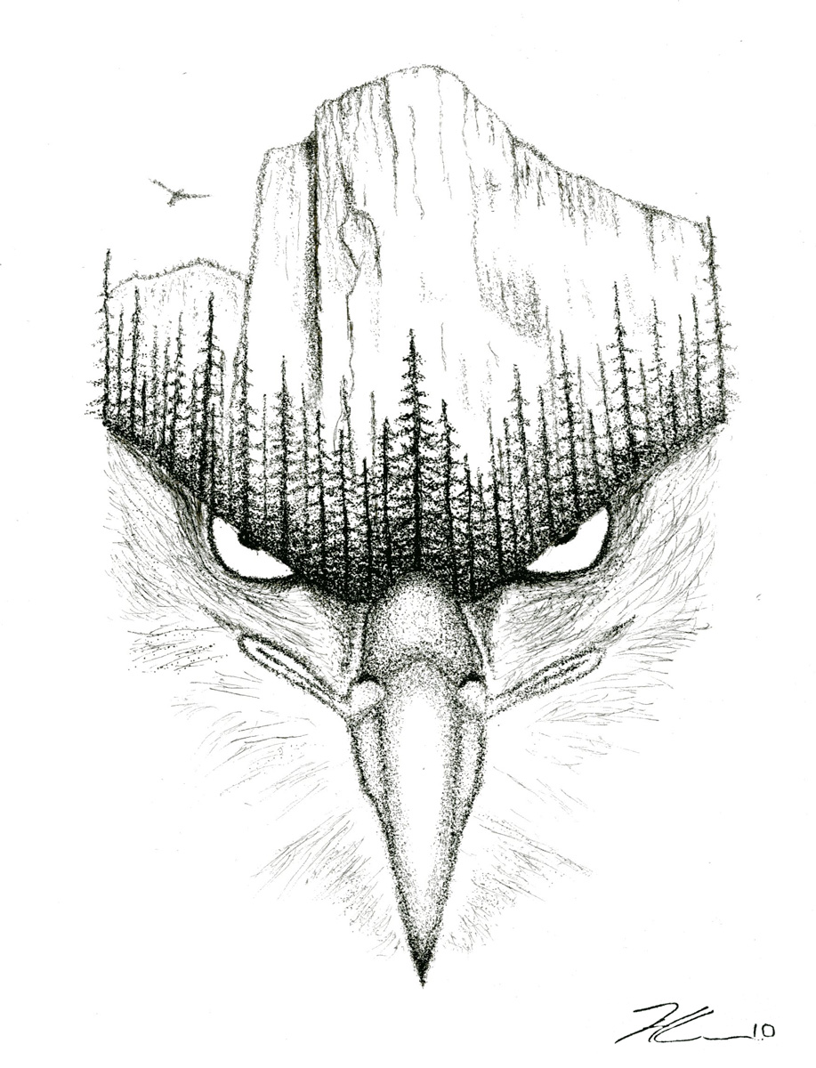Photo of one of Hassan Laramée's drawings. The drawing is of a large eagle head with an alpine forest and a large rock cliff face growing from its head. It is made entirely of singular black ink dots. The image is drawn so that the eagle seems to be looking down and into the viewers own eyes. only the top of the beak, the top of the head, and the narrowed half circles that are its eyes are visible. 