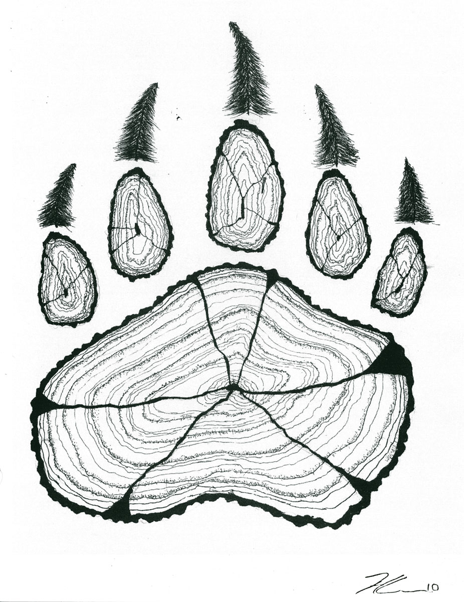 Photo of a drawing by Hassan Laramée of a large bear paw print. The paw pads are drawn so that they look like the core of a tree. The claws are drawn so that they look like spruce trees.