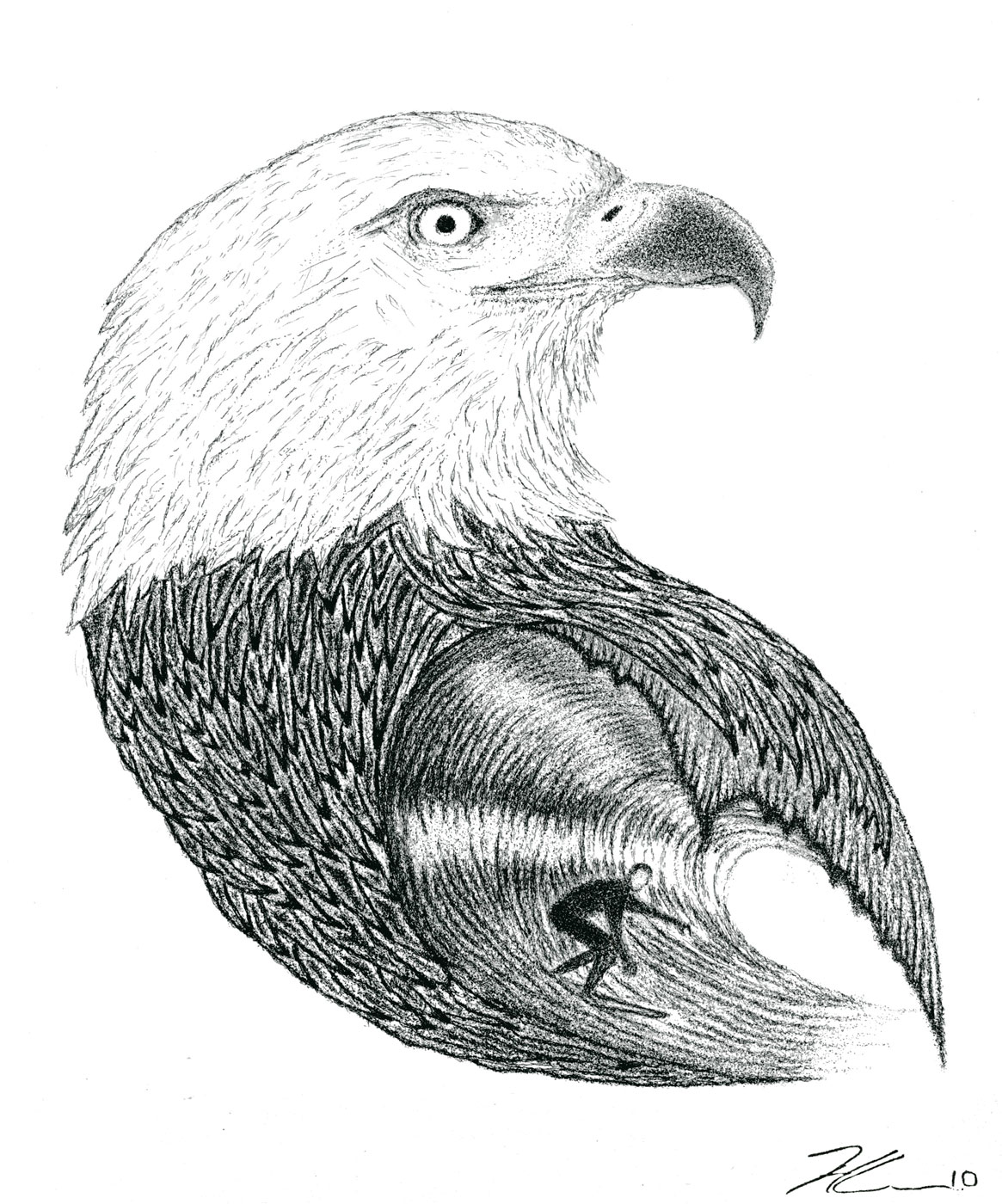 Photo of a drawing by Hassan Laramée of a profile view of a bald eagle. Where the chest should be, the feathers morph into a wave tunnel and a surfer is surfing through the tunnel.