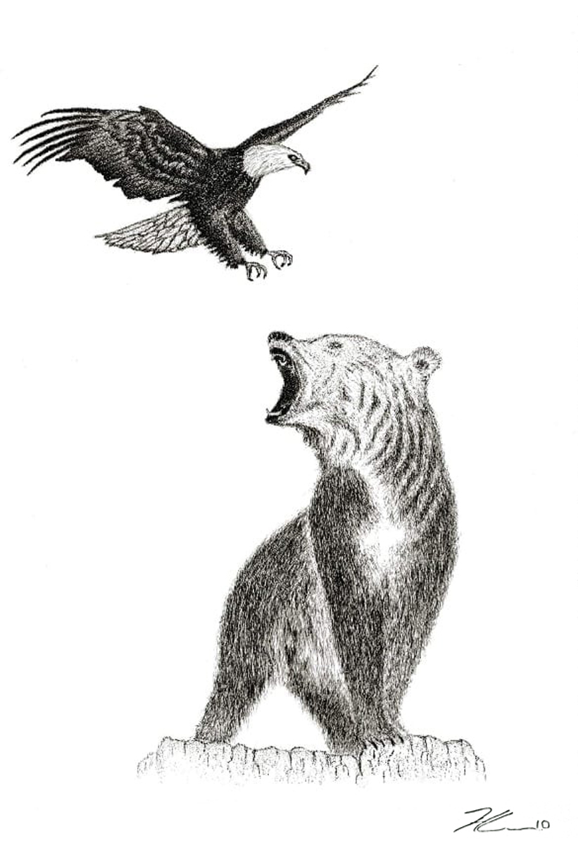 Photo of a drawing by Hassan Laramée of a bear and an eagle. The drawing is made completely of singular black dots. The bear is standing up on a rocky pedestal and twisting its head around in a roar up at the bald eagle that is swooping down towards the bears face with its talons and wings outstretched.