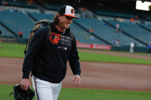 Photo of Baltimore Orioles pitcher Mike Baumann walking off of a baseball field field after a game in a black and orange Baltimore Orioles Baseball sweatshirt and a black white and orange Baltimore Orioles hat with the Baltimore Orioles bird on it. Mike has a backpack on and a glove in his hand. He is smiling wild as he walks.