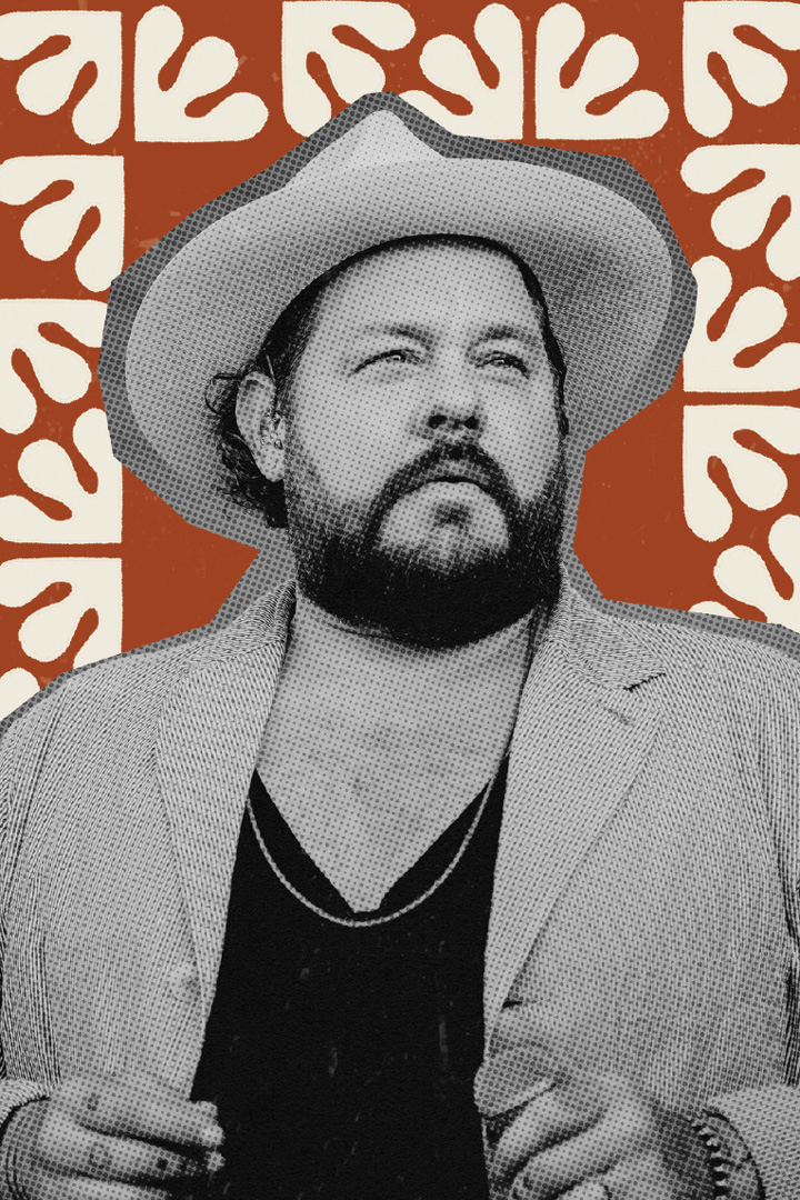 Black and white photo of Nathaniel Rateliff wearing a cowboy hat and a blazer with a dark shirt underneath. He is posing in a very stoic stance and the image is cropped at chest level. Surrounding Rateliff are illustrated squiggle shapes in a cream color on top of a burgundy background.