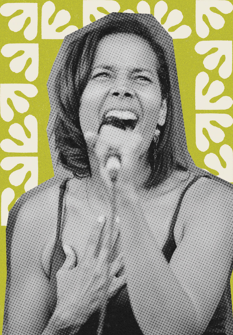 Black and white photo of Rhiannon Giddens singing in to a microphone. Giddens has her hand on her chest and is holding the microphone in her left hand while her face is contorted while she belts out a song. The photo has halftone, dotted effect over top of it. Behind the image are illustrated squiggle shapes in a cream color and a bright green background behind them.