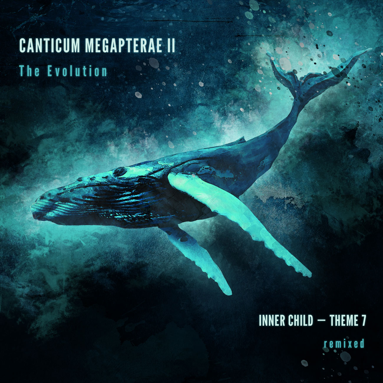 Song cover graphic of Sara Niksic's second album "Canticum Megapterae II". The cover is done in a water color style with a dark blue background that fades to a light blue towards the center around a light blue/aquamarine humpback whale gliding through the water.