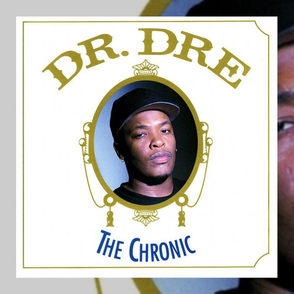 Photo of Dr. Dre's vinyl sleeve album cover "The Chronic". A headshot of Dr. Dre is framed by a gold oval locket against a cream colored background. The words "Dr. Dre" are in all gold caps on to pop the locket and the words "The Chronic" are in navy blue below the locket.