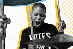 Young kid playing the drums and banging drumsticks. The photo was taken close up so you can see the two cymbals on either side of the child's face. He has his mouth open and eyes squeezed shut like he is yelling. The photo has an offset yellow outline behind the image and on the right side is a zig zag pattern of small yellow polka dots.