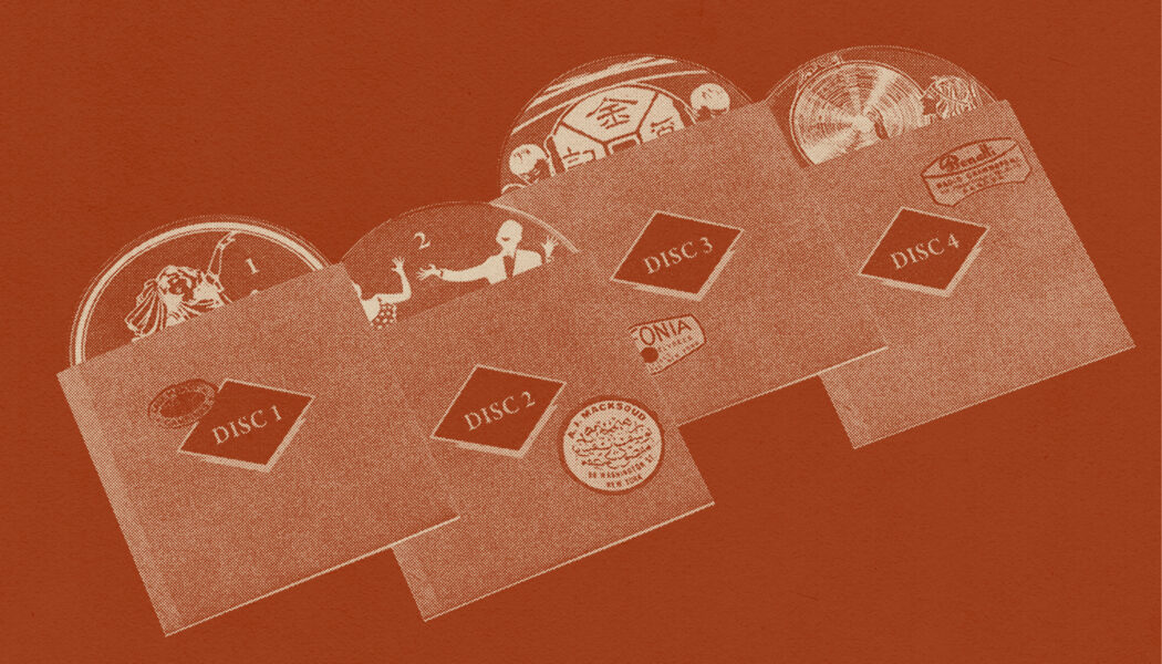 A set of four CD discs laying with their cases. The CDs are all half way out of their sleeves so you can partly see the illustrations on the front of them. Each of the cases is labeled Disc 1, Disc 2, Disc 3, and Disc 4. The photo has a dark red-colored overlay effect on it.