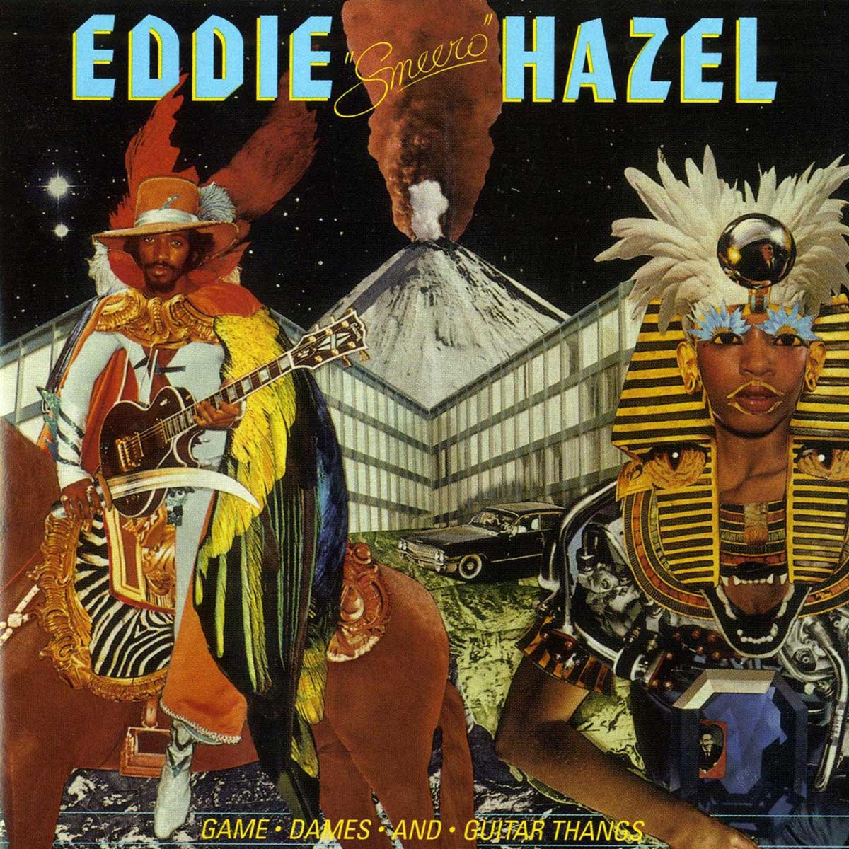 Photo of Eddie Hazel's "Smeero" vinyl sleeve album cover. The cover is a collage of different things set against a dark black starry sky. Eddie Hazel himself is dressed in a cowboy hat, a black cape and other eccentric clothes while holding a black guitar and staring gout at the viewer. A large snow-covered mountain is centered in the background and appears to be exploding white and orange colored ash. On the righthand side of the cover, there is a man dressed as a pharaoh with electronic body parts and a feathery bejeweled head dress.