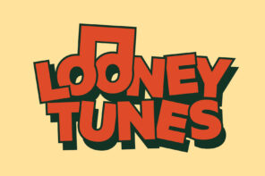Funky typography that spells "Looney Tunes" with music note connecting the two o's in looney on a pale yellow background.