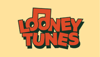 Funky typography that spells "Looney Tunes" with music note connecting the two o's in looney on a pale yellow background.