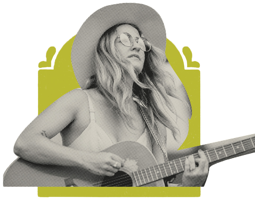 Black and white photo of Margo Price playing the acoustic guitar. Price is wearing a tank top, large brimmed har, and a pair of circular glasses. The image has a halftone effect over top of it. Behind the photo is an illustrated square shape in a bright green color.
