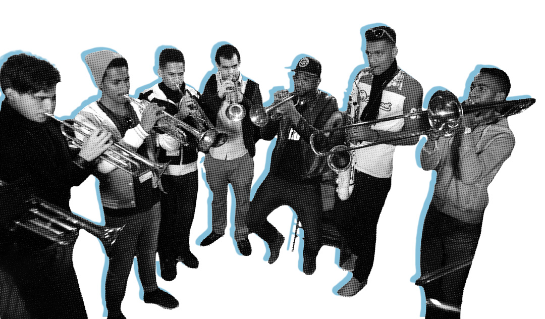 Cutout black and white image of a small group of men playing brass instruments. There are five people playing the trumpet, one playing the saxophone, and one playing the trombone. The small group is facing each other in a semi-circle shape. The image has an offset blue outline behind it.