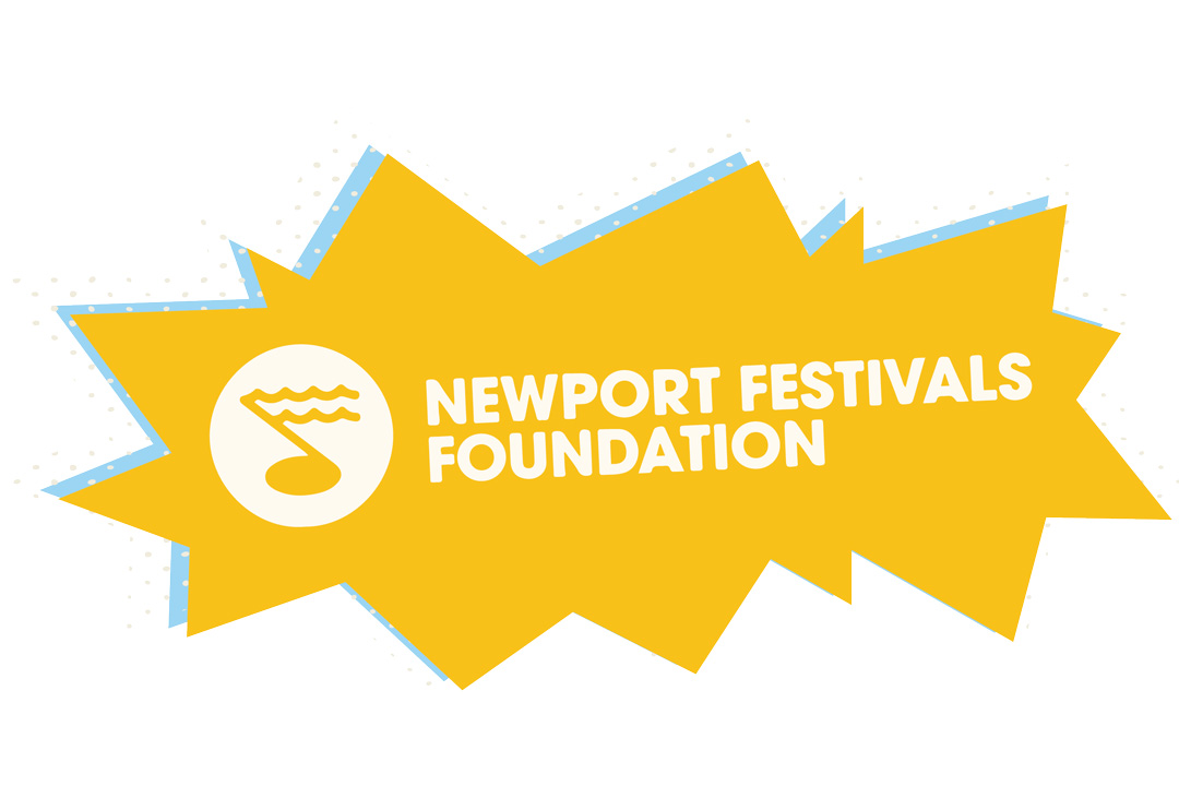 Newport Festivals Foundation logo that has the words in a bold sans serif font and music note icon inside of a circle. The logo is on top of a jagged star shape with many different size points. The star shape is yellow and has a light blue offset outline.