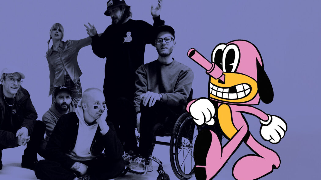 Portugal. The Man in black and white with a purple overlay posing next to a pink illustration of a dog character.