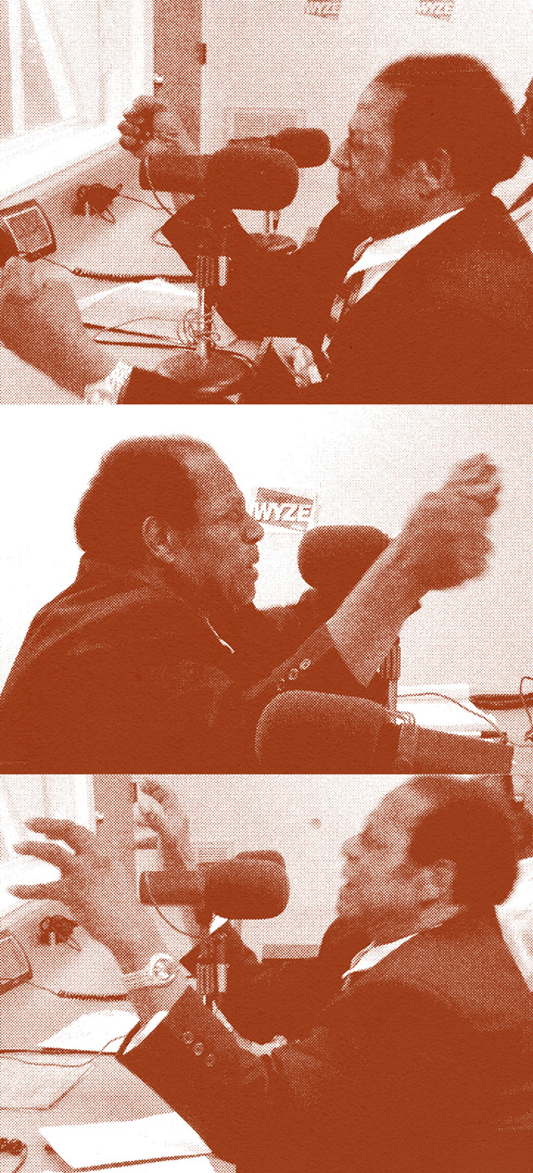 Three pictures stacked one above another in a column that shows the quick motion in the photos of a man speaking in to a microphone and shaking his fists. The photos are taken like stop-motion animation to see the quick movements. The images all have a dark red-colored overlay and a halftone texture applied to them.