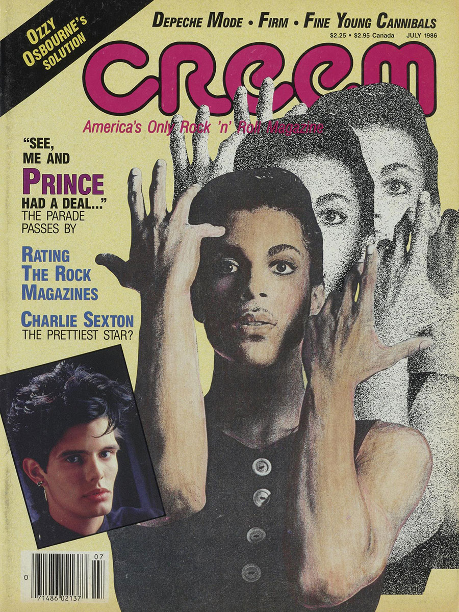Photo of CREEM's July 1986 Issue cover. The magazine is a light, pale yellow and three identical layered cut outs of the musician Prince are featured front and center. Prince is staring wide-eyed out at the camera with his hands framing his face. He has short dark hair and is wearing a sleeveless button down black shirt. The title "CREEM" is at the top of the magazine in dark pink.