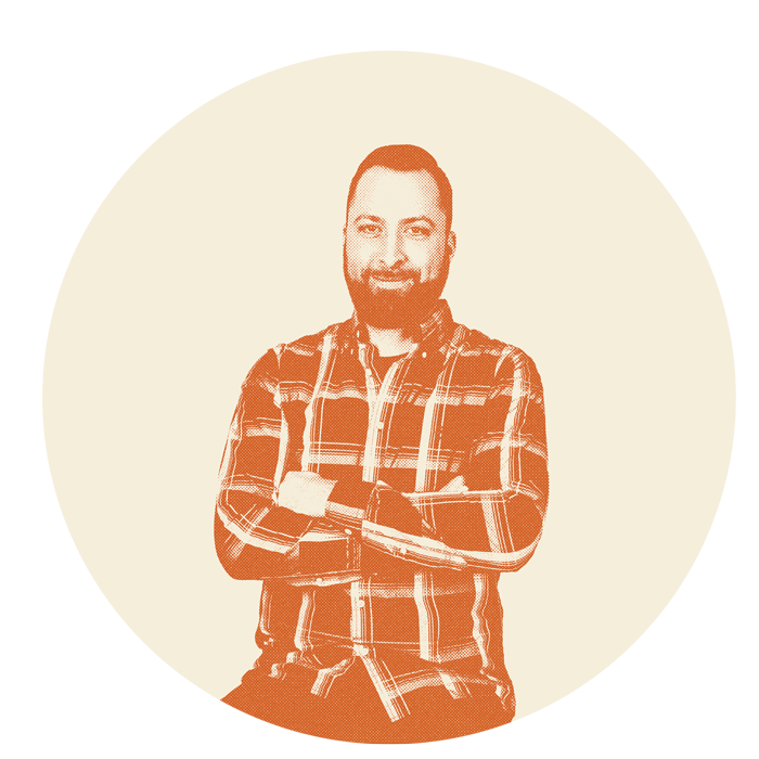 Portrait of Adam Geissler, Bulleit ambassador with orange halftone effect on cream colored background.