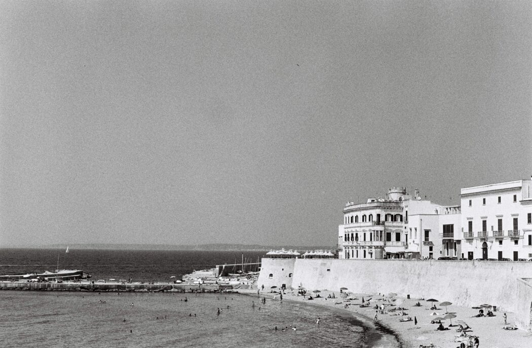 black and white image of peaceful italian coastline