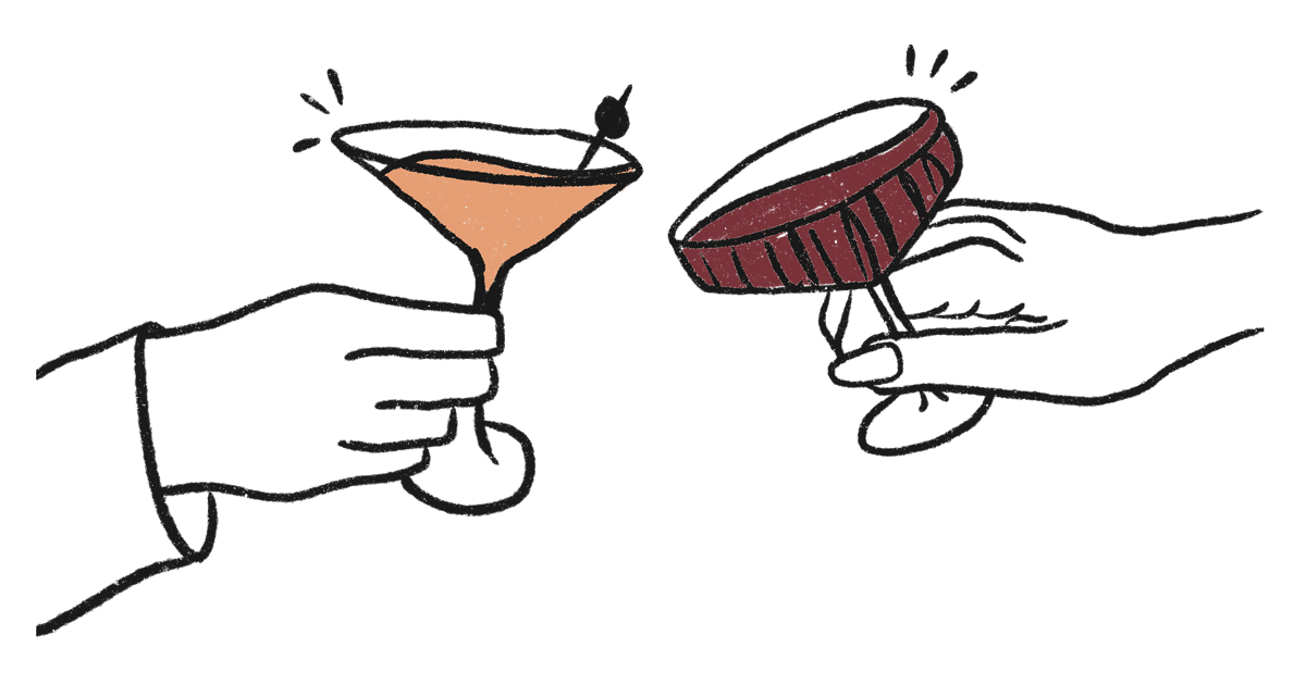 Illustration of two hands about to cheers holding jeng cocktails in fancy glasses. 