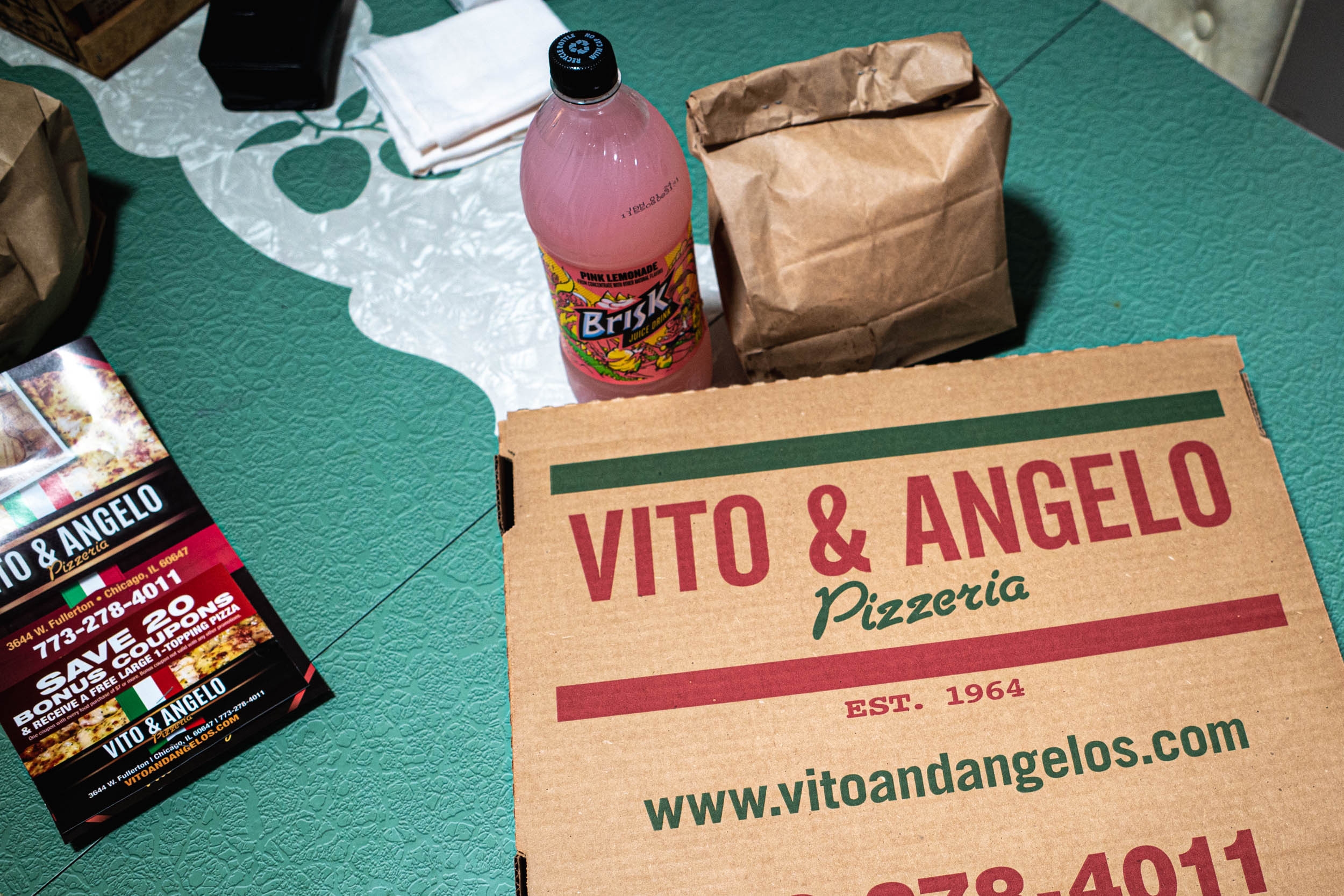 Vito & Angelo Chicago pizza box with drink and flyer 