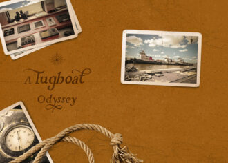 editorial spread with the title tugboat odyssey and images of tugboats on a mustard colored background