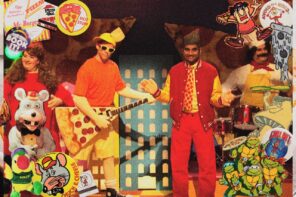 Obscure collage image of various figures and mascots related to pizza. central figure is holding a guitar made out of a pizza slice.