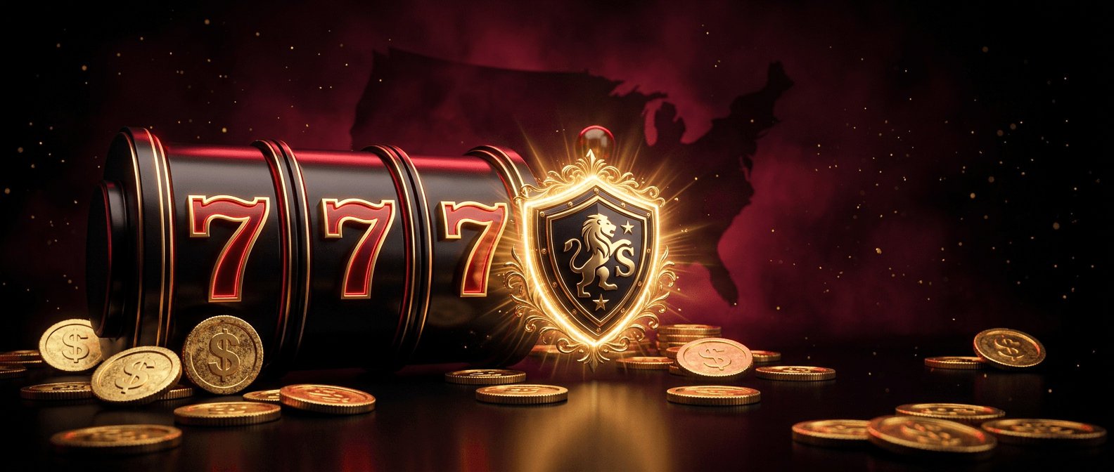 Triple seven slot machine reels beside a golden lion shield crest surrounded by gold coins representing trusted sweepstakes casino ratings